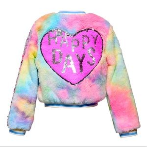 NWT tie dye bomber jacket with sequin patch and faux fur